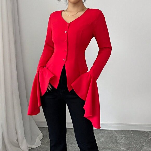 Red Casual Women's V-Neck Exaggerated Flared Sleeve Blouse - Picture 4 of 6